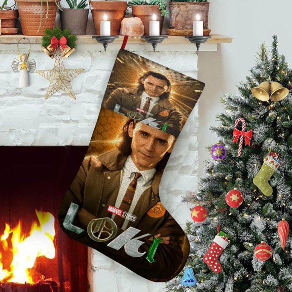 Loki-theme Christmas StockingsFine white linen for Stairs Fireplace Hanging Xmas Home Decor Christmas gift17.7"X12.6"(45cm32cm)