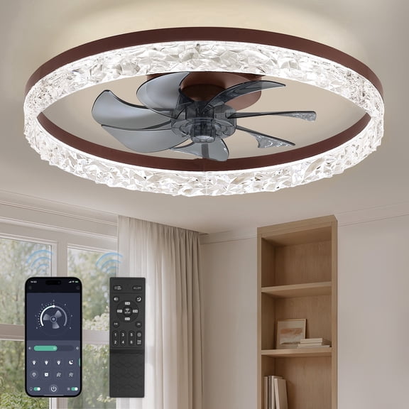 Lokivas 20" Brown Modern Flush Mount Ceiling Fan with Light, 6 Speeds Dimmable LED, App and Remote for Indoor Bedroom