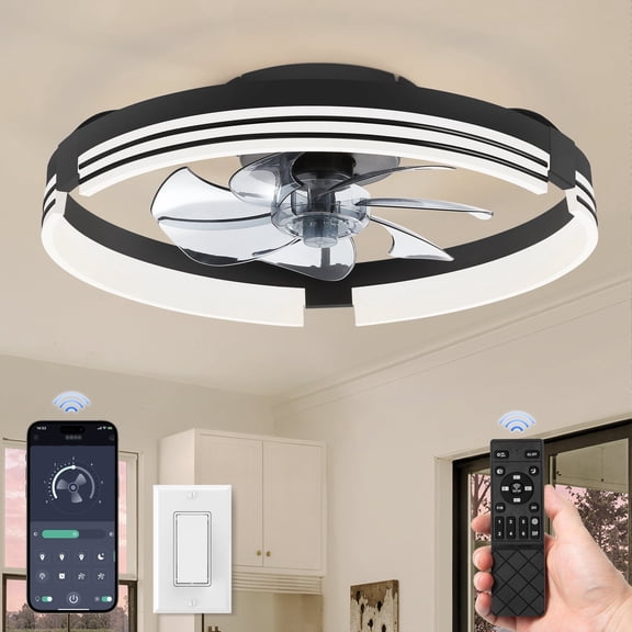 Lokivas 20 Inch Flush Mount Ceiling Fan with Light, 6-Speed Ultra Quiet DC Motor, 3 CCT, APP and Remote Control, Low Profile Fan for Bedroom, Bathroom, Living Room, Black