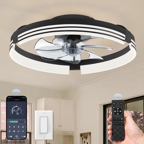Lokivas 20 Inch Flush Mount Ceiling Fan with Light, 6-Speed Ultra Quiet DC Motor, 3 CCT, APP and Remote Control, Low Profile Fan for Bedroom, Bathroom, Living Room, Black