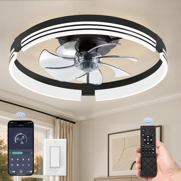 Lokivas 20 Inch Flush Mount Ceiling Fan with Light, 6-Speed Ultra Quiet DC Motor, 3 CCT, APP and Remote Control, Low Profile Fan for Bedroom, Bathroom, Living Room, Black
