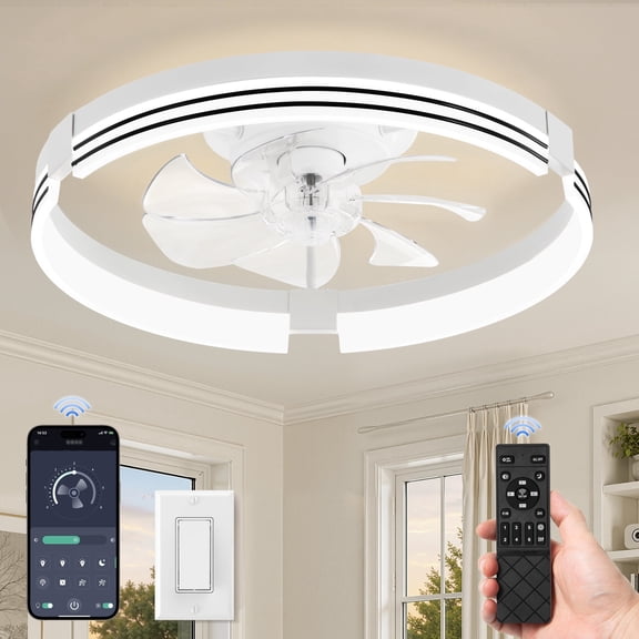 Lokivas 20 Inch Flush Mount Ceiling Fan with Light, 6-Speed Ultra Quiet DC Motor, 3 CCT, APP and Remote Control, Low Profile Fan for Bedroom, Bathroom, Living Room, White