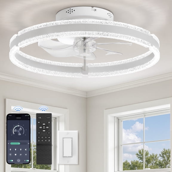 Lokivas 20 inch Modern Ceiling Fan with Light and APP & Remote Control, Low Profile Flush Mount Ceiling Fan, 6 Speeds, Ultra Quiet DC Motor, for Bedroom, Kitchen, Living Room - White