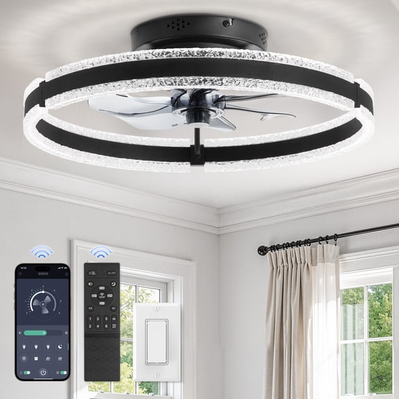 20 inch Modern Ceiling Fan with Light and APP & Remote Control, Low Profile Flush Mount Ceiling Fan, 6 Speeds, Ultra Quiet DC Motor, for Bedroom, Kitchen, Living Room - Black