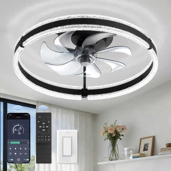Lokivas 20 inch Modern Ceiling Fan with Light and APP & Remote Control, Low Profile Flush Mount Ceiling Fan, 6 Speeds, Ultra Quiet DC Motor, for Bedroom, Kitchen, Living Room - Black