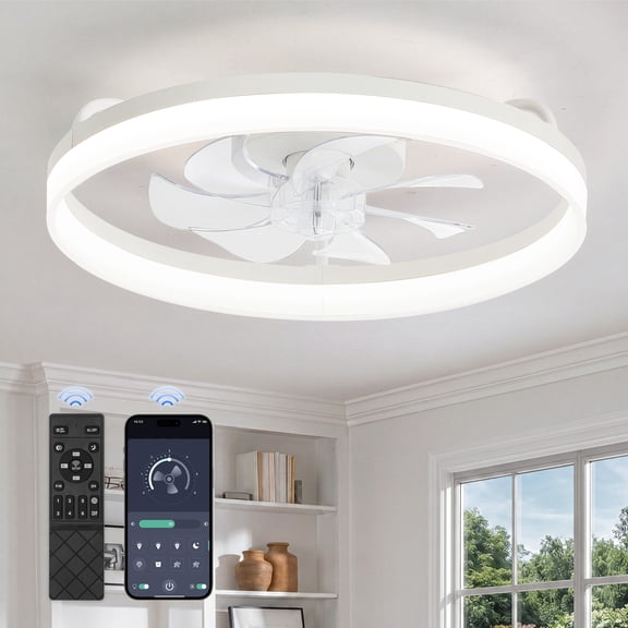 Lokivas 20" White Ceiling Fan with Light, Modern Flush Mount, 6-Speed Quiet DC Motor, App & Remote Control for Bedroom, Living Room