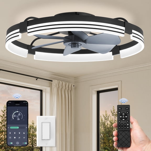 24 Inch Flush Mount Ceiling Fan with Light, 6-Speed Ultra Quiet DC Motor, 3 CCT, APP and Remote Control, Low Profile Fan for Bedroom, Bathroom, Living Room, Black