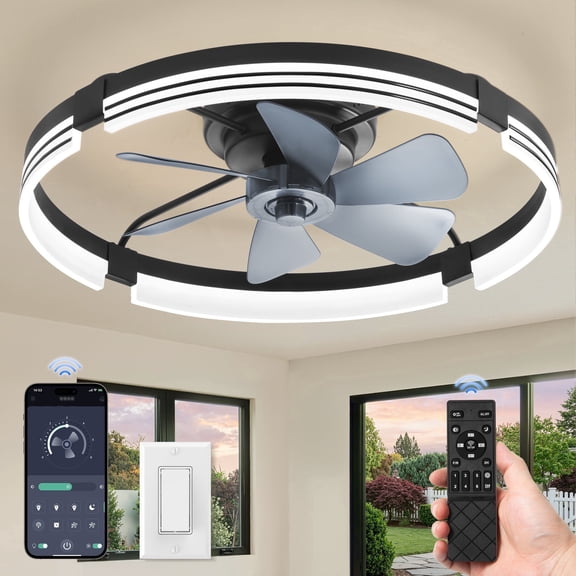 Lokivas 24 Inch Flush Mount Ceiling Fan with Light, 6-Speed Ultra Quiet DC Motor, 3 CCT, APP and Remote Control, Low Profile Fan for Bedroom, Bathroom, Living Room, Black
