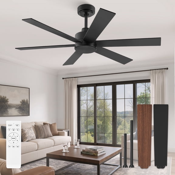 Lokivas 48 inch Modern Ceiling Fan No Light, Remote Control, Quiet 6-Speed Reversible, Downrod Mount, for Bedroom, Living Room, Black