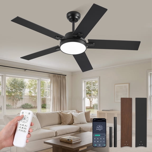 Lokivas 52 Inch Modern Black Ceiling Fan with LED Light and Remote & APP Control, 6 Speeds, Ultra Quiet DC Motor, Timer for Indoor Space Bedroom Living Room Kitchen