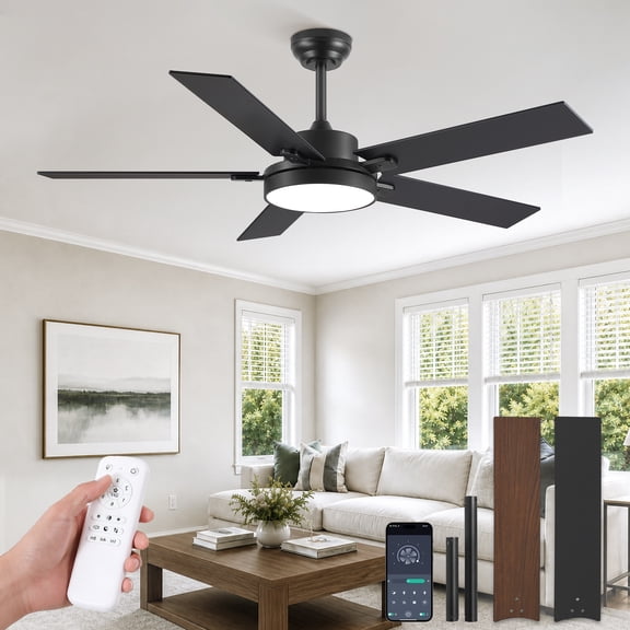 Lokivas 52 Inch Modern Black Ceiling Fan with LED Light and Remote & APP Control, 6 Speeds, Ultra Quiet DC Motor, Timer for Indoor Space Bedroom Living Room Kitchen