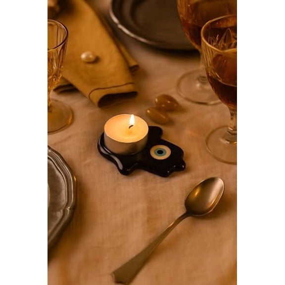 Loklore Noor Evil Eye Humsa Tealight Candle - Handcrafted Glass Holder