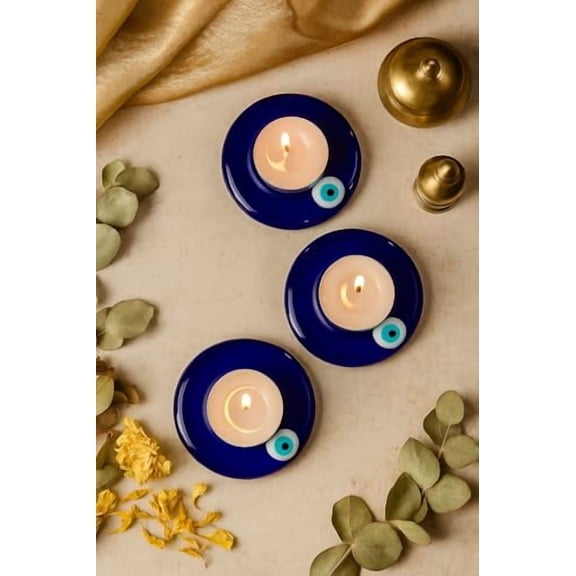 Loklore Noor Evil Eye Round Tealight Candle  Handcrafted Glass Design