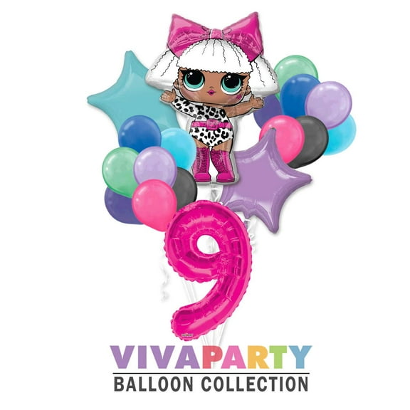 LOL Round Balloon Bouquet 18 pc, 9th Birthday, Hot Pink Number 9 Jumbo Balloon | Viva Party Balloon Collection