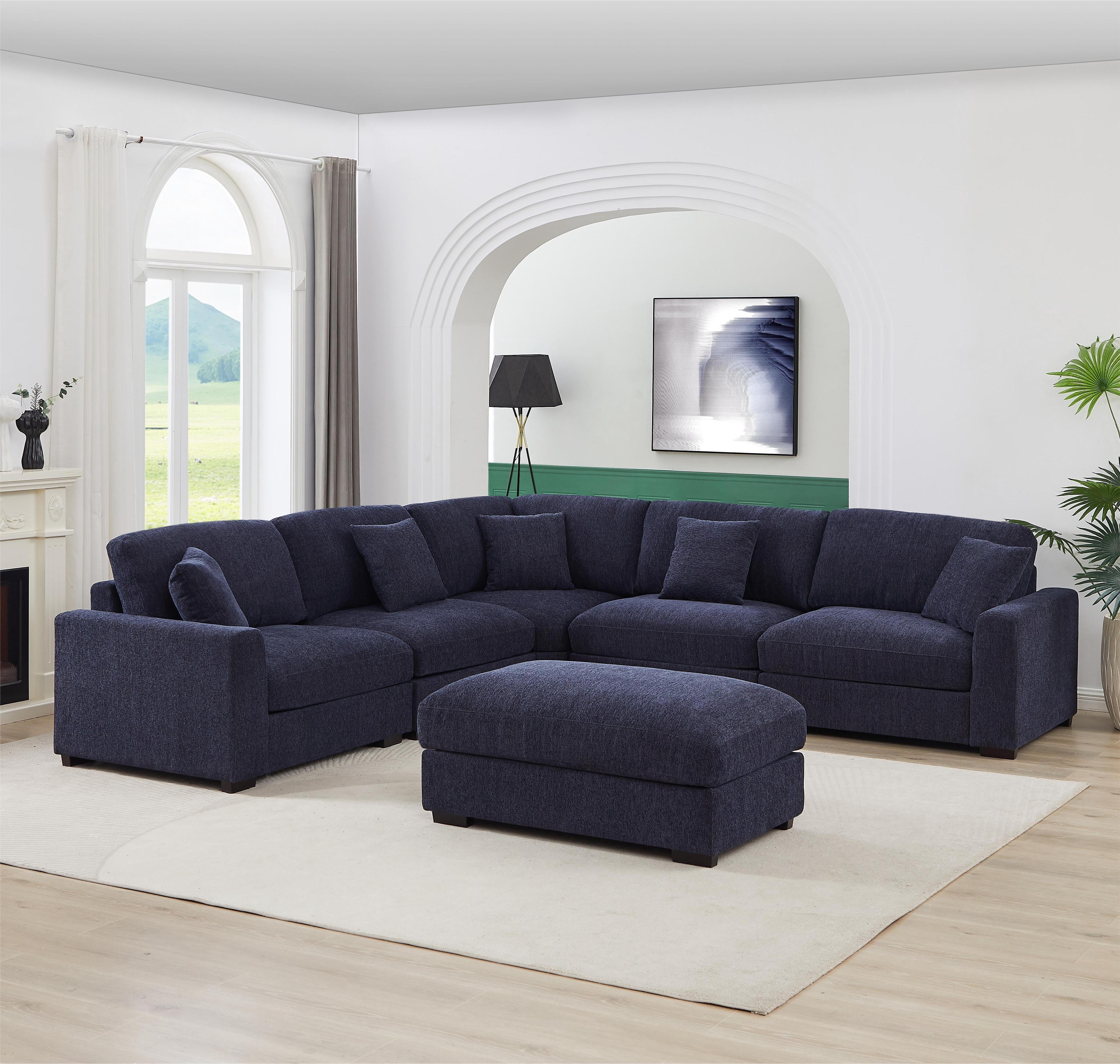 LolLov Furniture 6 Piece Modern Polyester L Shaped Sectional Sofa Set Dark Blue