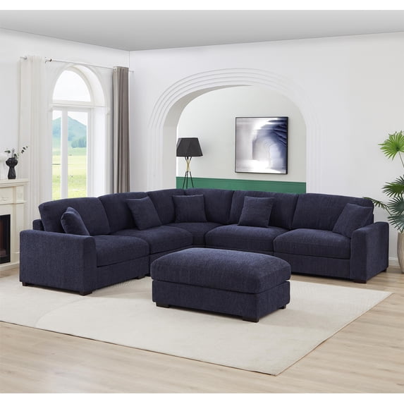 LolLov Furniture 6 Piece Modern Polyester L Shaped Sectional Sofa Set Dark Blue