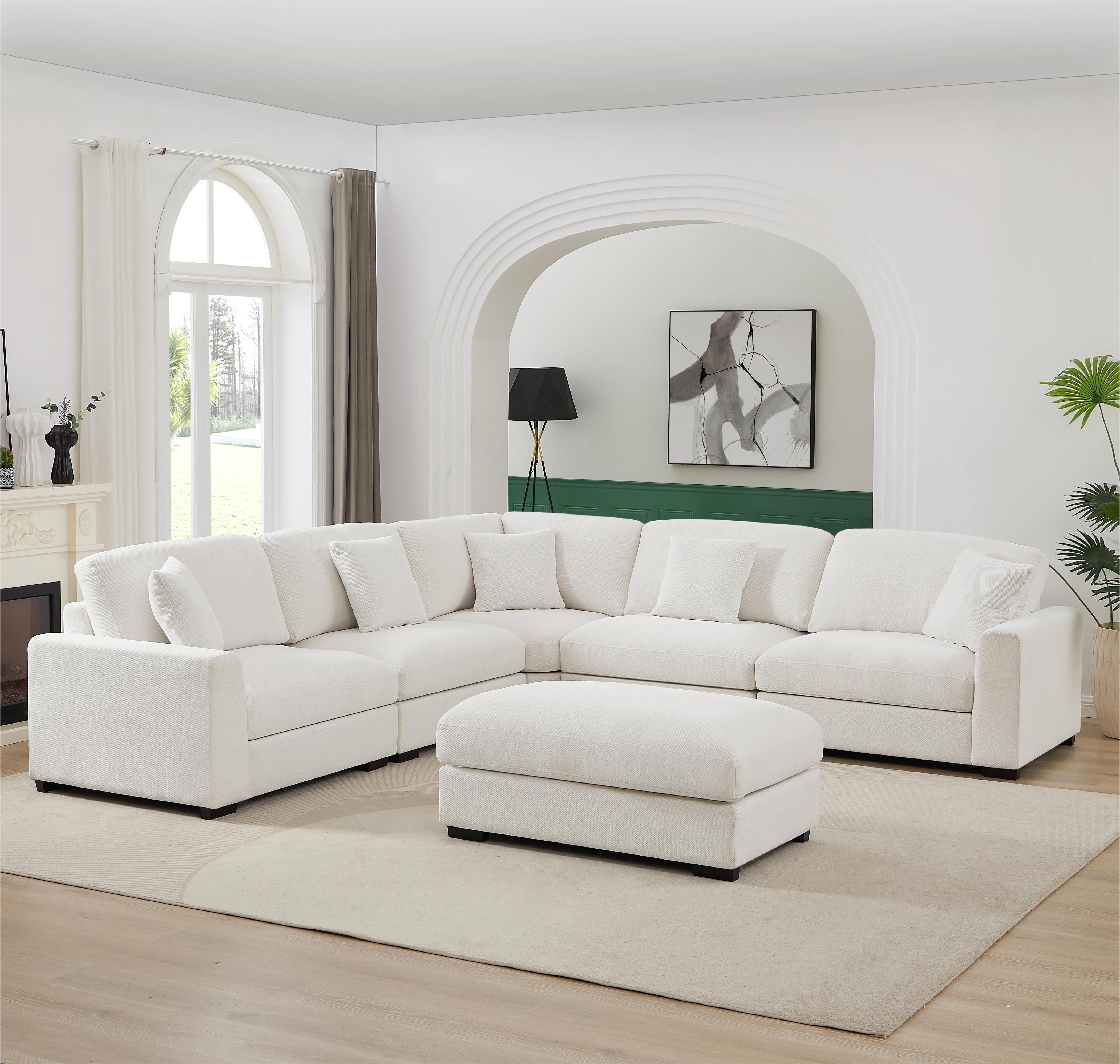 Chenille Reversible Modular 6 Piece Corner Sectional Couch with Ottoman for Comfortable and Versatile Living Room, Family Room, Home Theater, Living Spaces