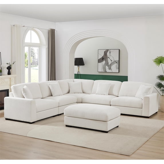Chenille Reversible Modular 6 Piece Corner Sectional Couch with Ottoman for Comfortable and Versatile Living Room, Family Room, Home Theater, Living Spaces