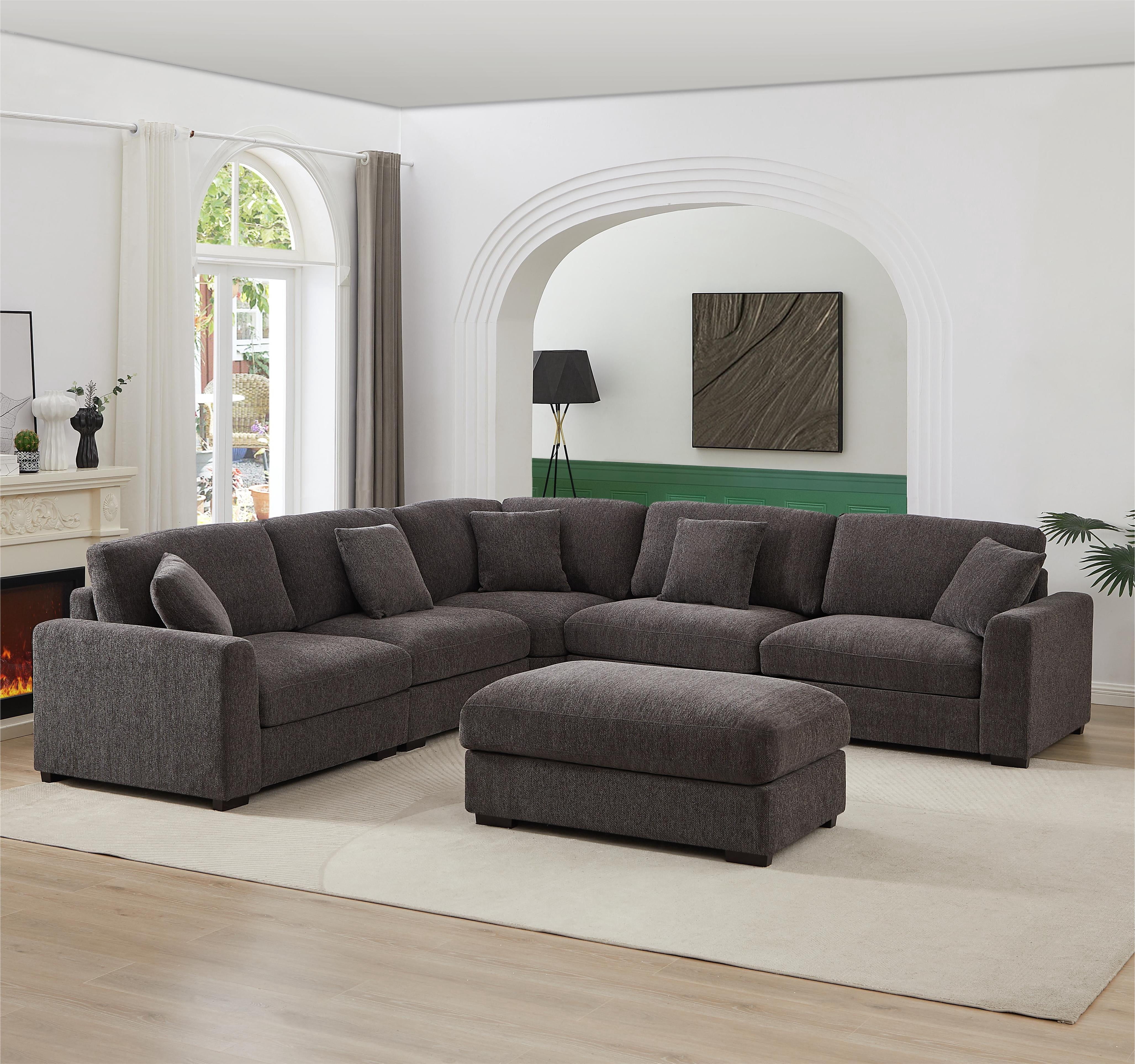 LolLov Furniture Modern Polyester Sectional Sofa Living Room Furniture Set, Dark Gray