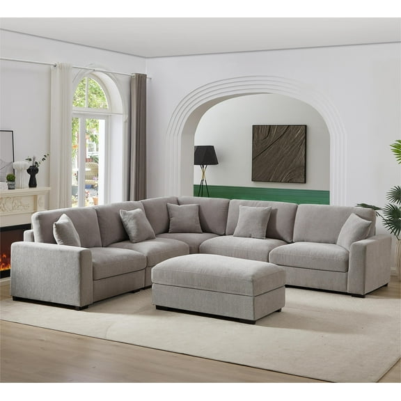 LolLov Furniture Polyester Modular Sectional Sofa Living Room Furniture Set, Light Gray