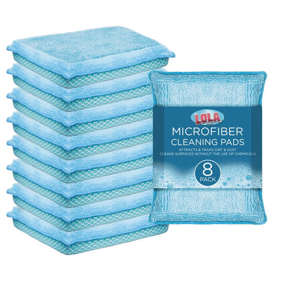 LOLA Jumbo Microfiber Terry & Nylon Net Sponge Scrubber Pad, 8 pack, Non Scratch 2-Way Cleaning, Gently Scrubs, Wipes Clean