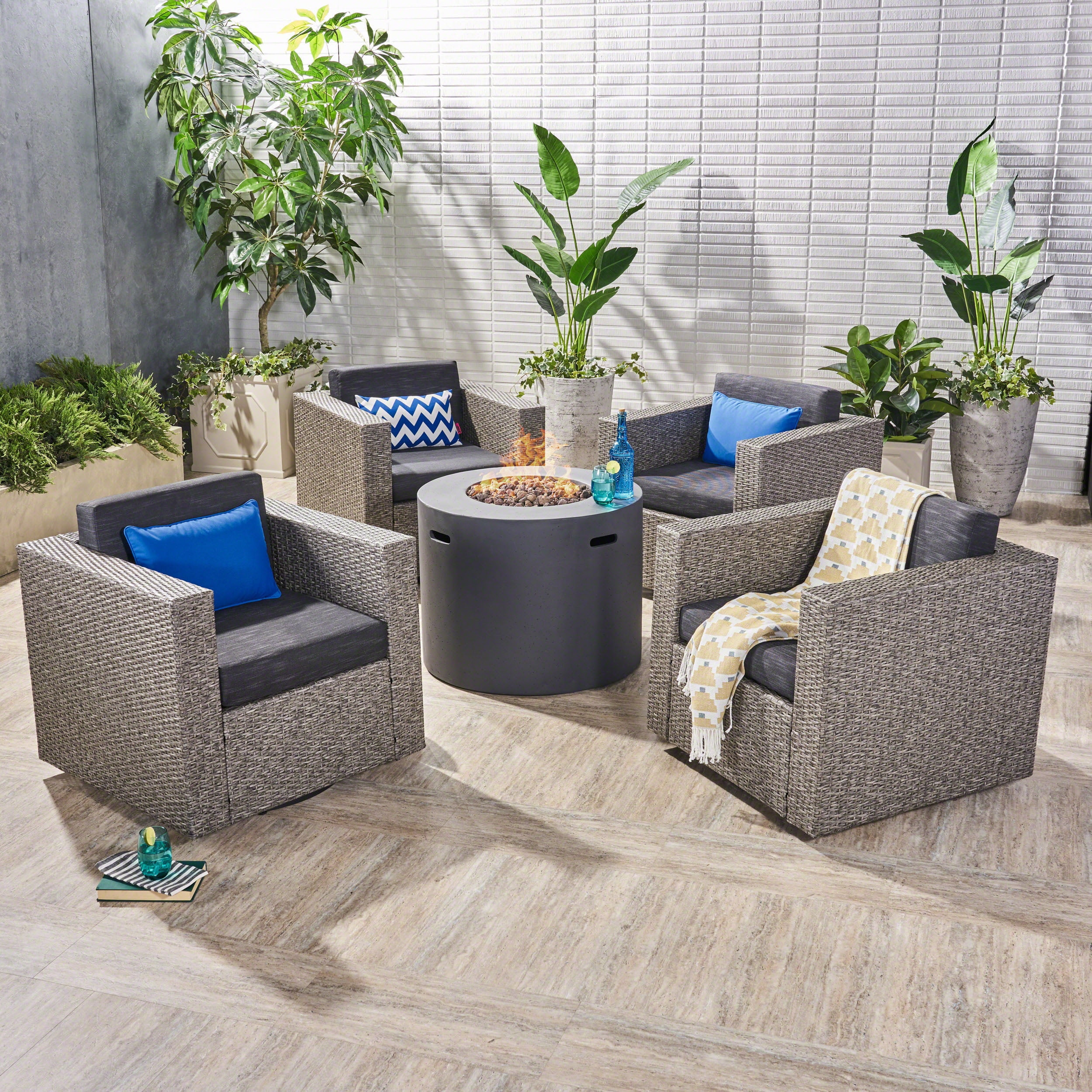 Lola Outdoor 5 Piece Swivel Wicker Club Chair Set with cushions