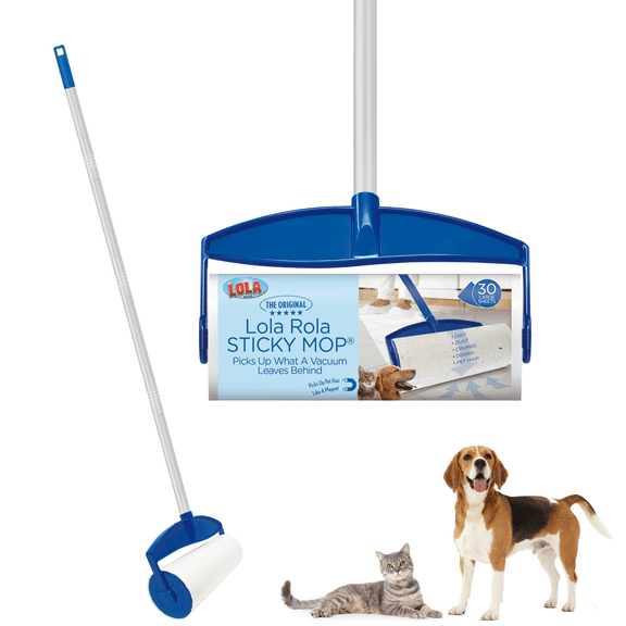 Lola Rola Sticky Mop, Giant Floor Lint Roller, 9" W x 3.5" Diameter, Best Pet Hair Remover, Traps Dust, Dirt, Dog and Cat Hair on Carpet, 30 Large Adhesive Sheets - "Stickiest on the Market"