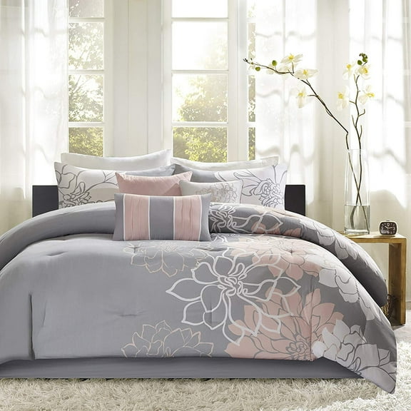 Lola Sateen Cotton Comforter Set-Casual Medallion Floral Design All Season Down Alternative Bedding, Shams, Bedskirt, Decorative Pillows, Queen, Grey/Blush 7 Piece