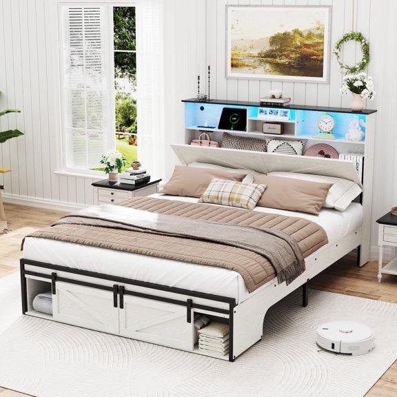 Lolado Farmhouse Full Bed Frame with Charging Station & LED Lights Headboard, Noise Free Bookcase Storage Bed with All-Metal Support, 3 Storage Cabinet, No Box Spring Needed, White
