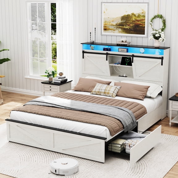 Lolado Farmhouse Queen Bed Frame with 2 Pull-out cabinet Storage, Noise Free Bookcase Storage Bed with All-Metal Support, Charging Station & LED Lights Headboard, No Box Spring Needed, White