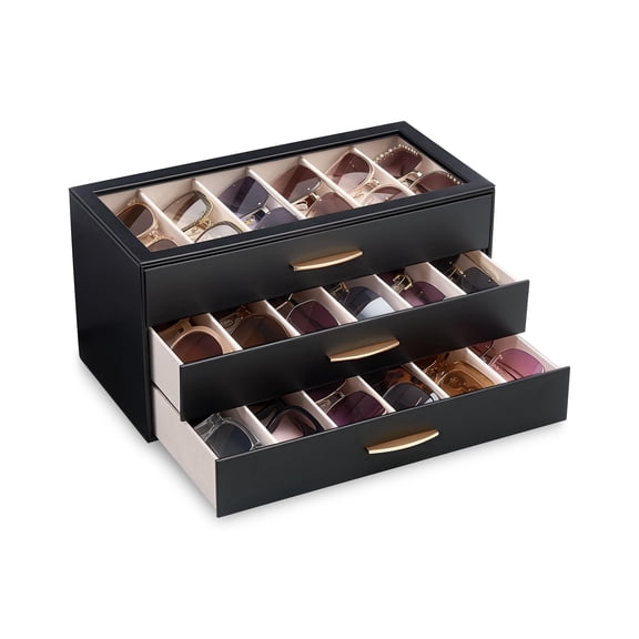 Lolalet 18 Slots Sunglasses Organizer Case for Women, 3-Layer Eyeglass Storage Holder Display Box with Clear Top Lid, Mothers Day Gifts -Black