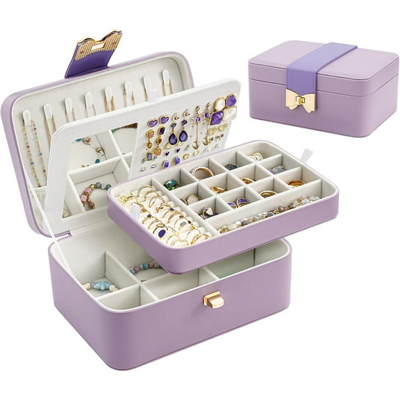 Lolalet 2 Layer Jewelry Box for Teen Girls & Young Women, Jewelry Organizer Case with Bow Clasp and Mirror for Earrings Rings Necklaces Storage, Gift Idea -Purple