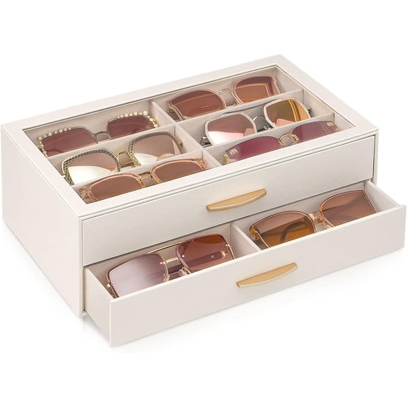 Lolalet 2-Layer Sunglasses Organizer, 12 Slots Eyeglasses Storage Box with Clear Top Lid -Cream