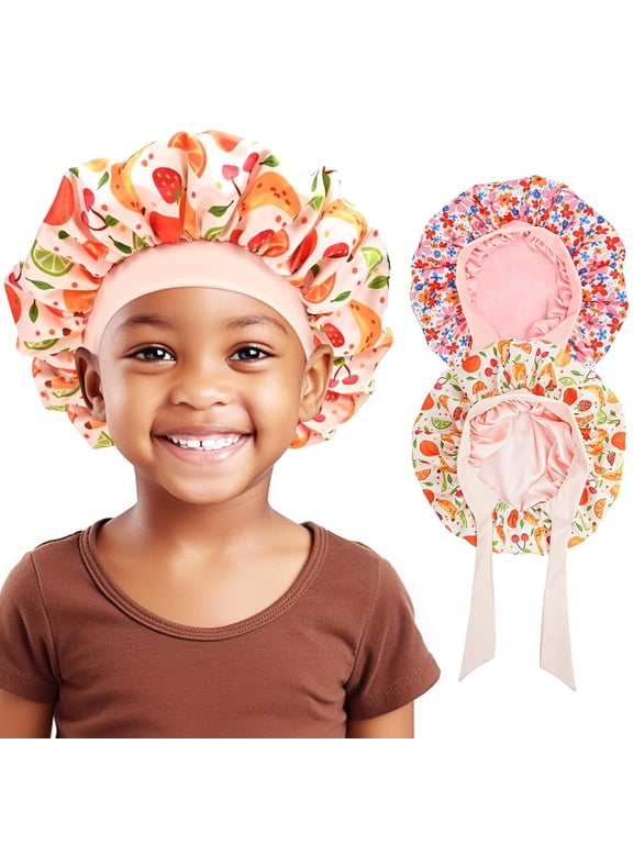 2 PCS Kids Reversible Satin Bonnet Night Sleep Caps with Wide Elastic Band for Sleeping -Fruit/Flower