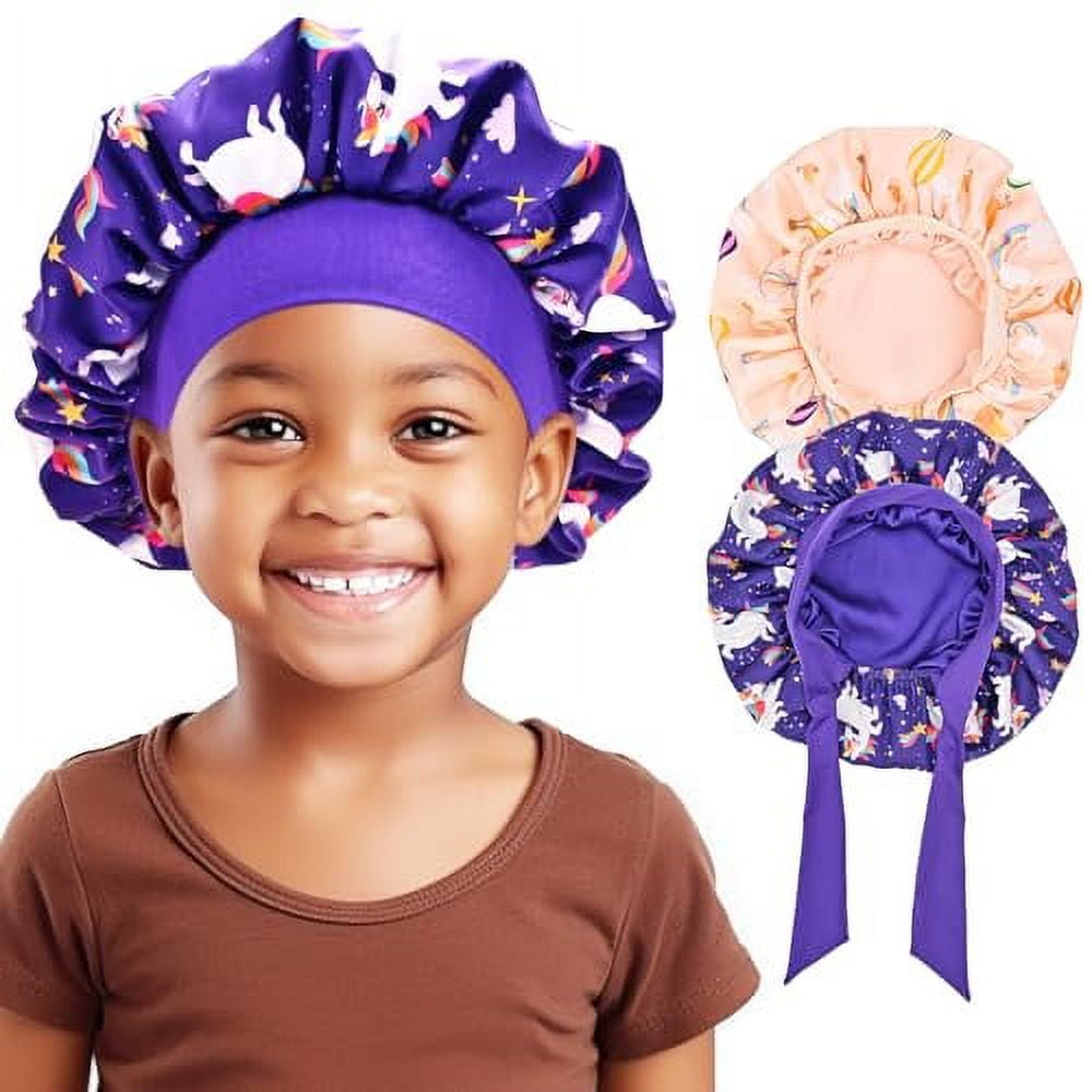 2 PCS Kids Reversible Satin Bonnet Night Sleep Caps with Wide Elastic Band for Sleeping  -Unicorn/Rainbow
