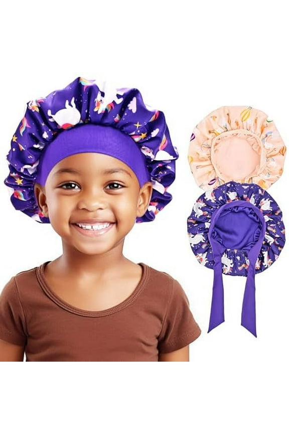 2 PCS Kids Reversible Satin Bonnet Night Sleep Caps with Wide Elastic Band for Sleeping -Unicorn/Rainbow
