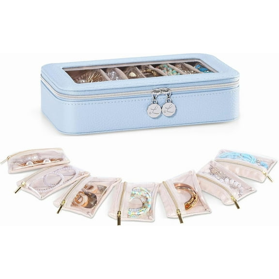 Lolalet 8 in 1 Travel Jewelry Case with Velvet Pouches, Clear Window Travel Jewelry Organizer Bags -Blue, 7PCS