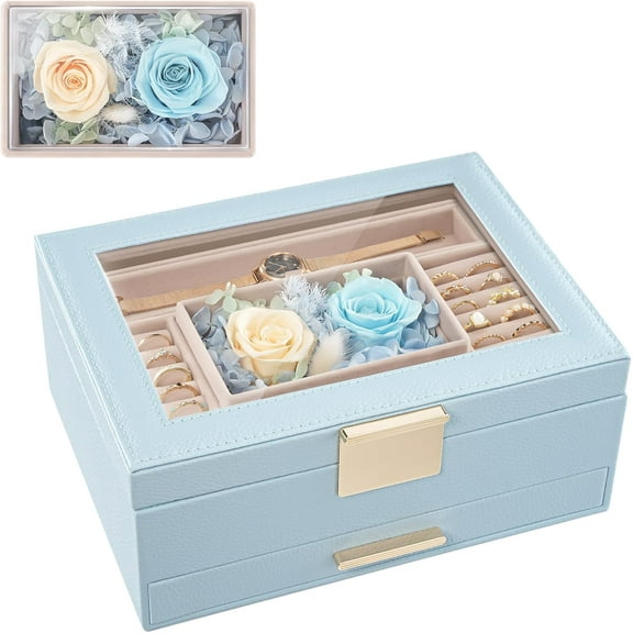 Lolalet Jewelry Organizer with Glass Lid, 2-Layer Jewelry Box Case with Drawer, Gift for Women Mom Wife Earrings Watch Ring Display Storage -Blue