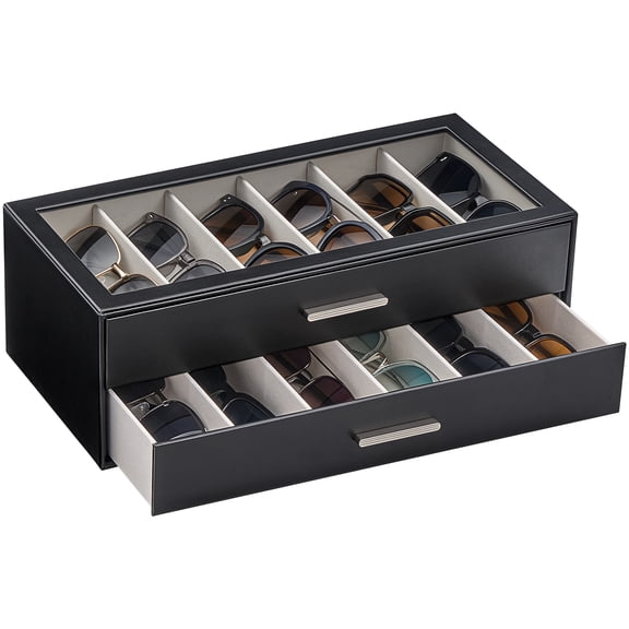 Lolalet Sunglasses Organizer Box, 12 Slots, 2-Layer Eyewear Eyeglass Case with Transparent Glass Lid -Black