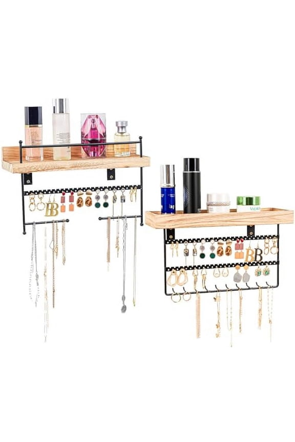 Wall Mounted Jewelry Organizer, Set of 2 Hanging Shelves Jewelry Holder Display for Earrings Bracelet Necklace Perfume Lipstick Ring, Women Girls Bedroom Jewelry Storage Rack -Black