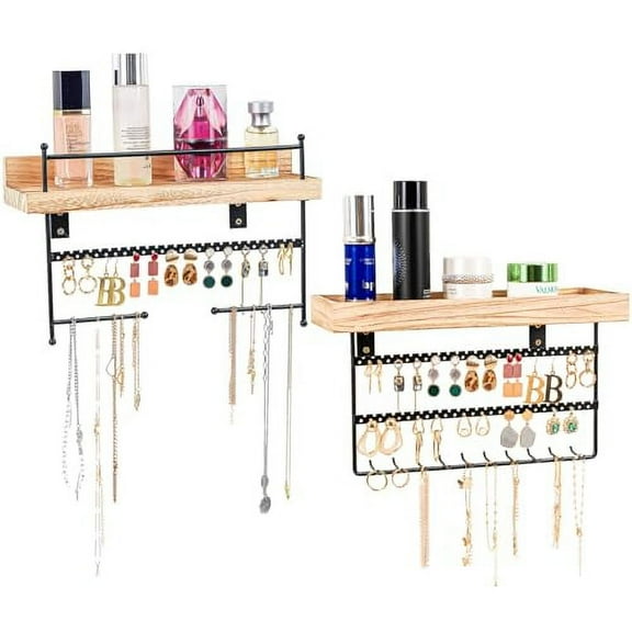 Lolalet Wall Mounted Jewelry Organizer, Set of 2 Hanging Shelves Jewelry Holder Display for Earrings Bracelet Necklace Perfume Lipstick Ring, Women Girls Bedroom Jewelry Storage Rack -Black