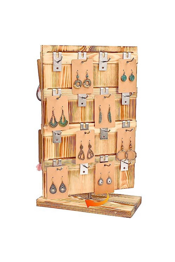 Wood Rotating Jewelry Display Stand, 32 Hooks Earring Card Spinning Rack, Oak
