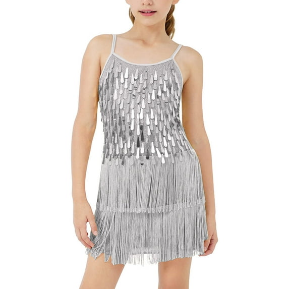 LOLANTA Girls Sequins Fringe Dance Dress Jazz Latin Street Dance Fine Glitter Suspender Skirt Shorts Set 5-13 years