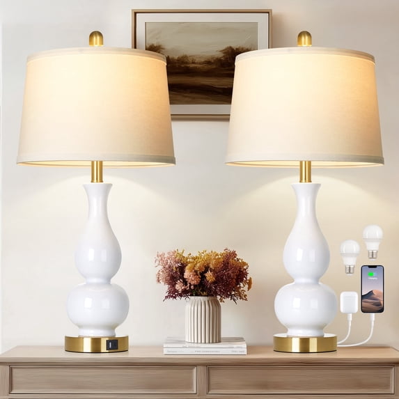 Lolikit 27" Modern Ceramic Table Lamp Set of 2 for Bedroom Living Room,Farmhouse Bedside Nightstand Lamp with USB Charging Port,LED Bulbs Included