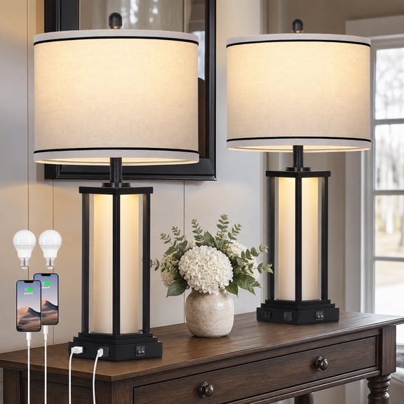 Lolikit Industrial Table Lamps Set of 2 with USB C+A Ports Glass Night Light AC Outlets 27" Farmhouse Black Metal Bedside Lamp for Living Room Bedroom