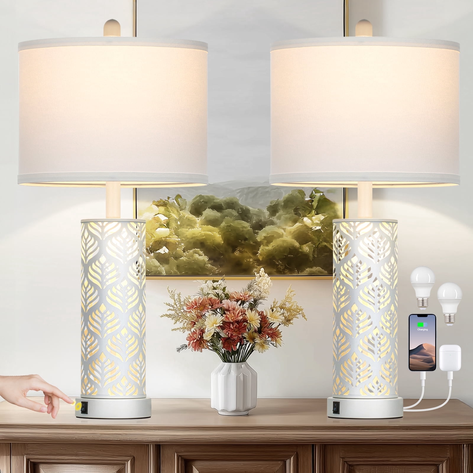 Lolikit 27"Table Lamp Set of 2 Modern Farmhouse Nightstand Bedside Lamp for Living Room Bedroom with USB A+C Ports