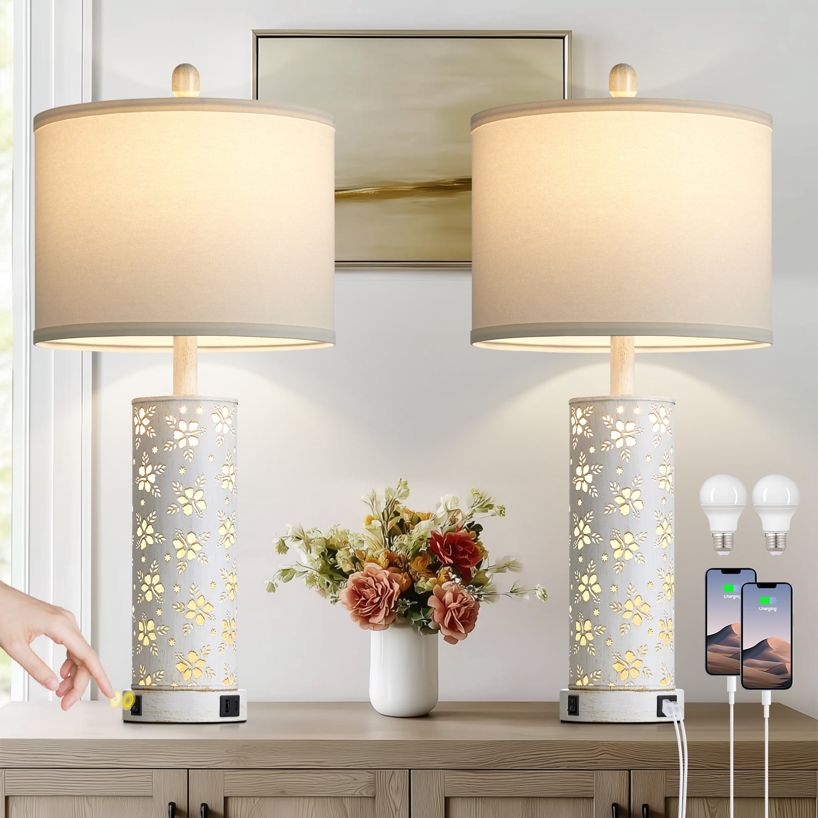 Lolikit 27" Table Lamps Set of 2 Beside Lamps for Bedroom Living Room with USB Charging Port, Modern Farmhouse Nightstand Lamps,Bulbs Included