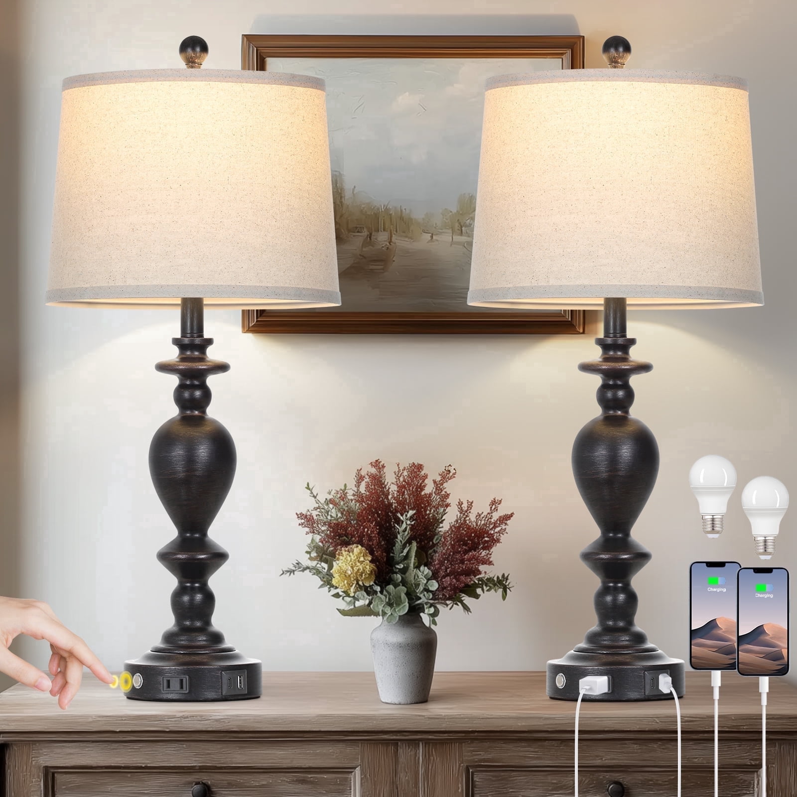Lolikit Retro Black Table Lamp Set of 2 for Living Room Bedroom 28" Tall Farmhouse Resin Bedside Lamps with USB A+C Ports & AC Outlet 3 Way Dimmable Touch Control Nightstand Lamp