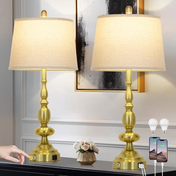 Lolikit 29" Gold Table Lamps Set of 2, Modern 3-Way Dimmable Touch Control Bedside Lamp with USB A+C Ports, Metal Nightstand Lamp for Bedroom Living Room, Bulbs Included