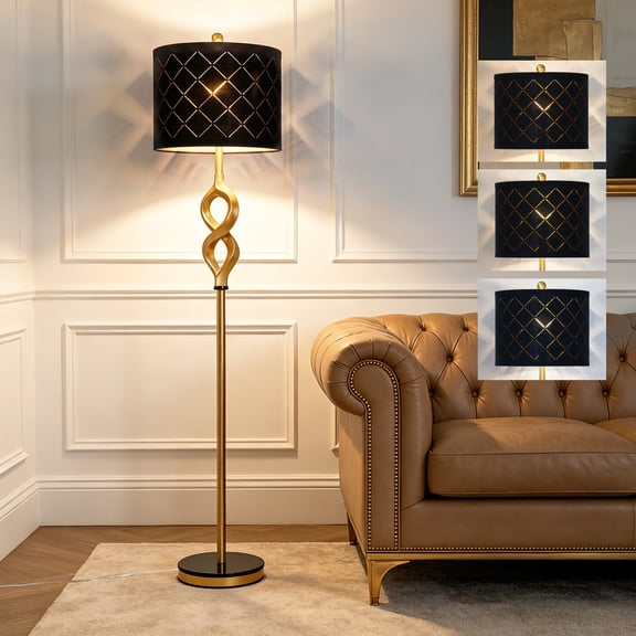 Lolikit Modern Gold Floor Lamp for Living Room Bedroom 65" Tall Retro Sculptural Resin Corner Standing Lamp with 3 Color Temperatures Black Grid Lampshade Bulb Included